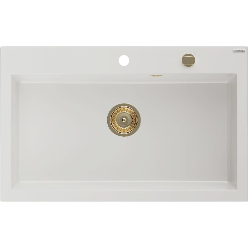 Mexen Elix Granitspüle 1-becken 800 x 500 mm, weiß, goldener Siphon - 6527801005-20-G