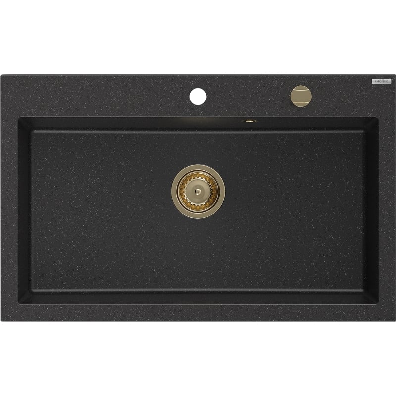 Mexen Elix Granitspüle, 1-Becken, 800 x 500 mm, schwarz/silber metallic, goldener Siphon - 6527801005-73-G