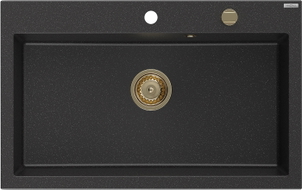 Mexen Elix Granitspüle, 1-Becken, 800 x 500 mm, schwarz/silber metallic, goldener Siphon - 6527801005-73-G