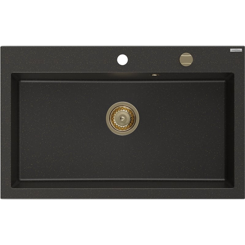 Mexen Elix Granitspüle 1-becken 800 x 500 mm, schwarz/gold metallic, goldener Siphon - 6527801005-75-G