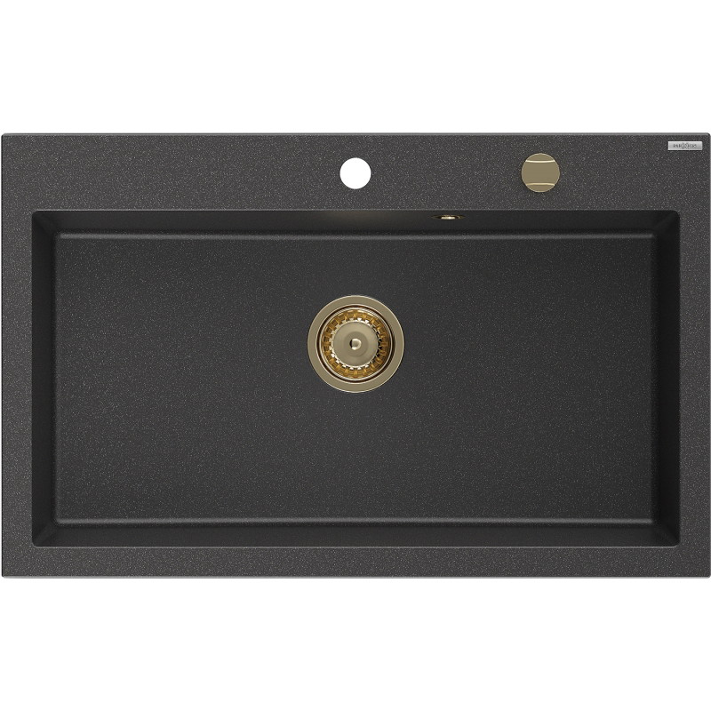 Mexen Elix Granitspüle 1-Becken 800 x 500 mm, schwarz gesprenkelt, goldener Siphon - 6527801005-76-G