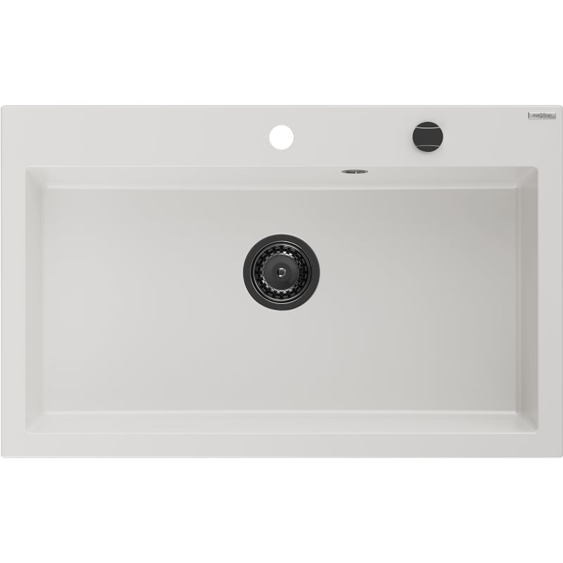 Mexen Elix Granitspüle 1-becken 800 x 500 mm, weiß, schwarzer Siphon - 6527801005-20-B