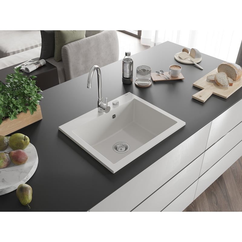 Mexen Elix Granitspüle 1-Becken 600 x 500 mm, weiß, Siphon Chrom - 6525601005-20