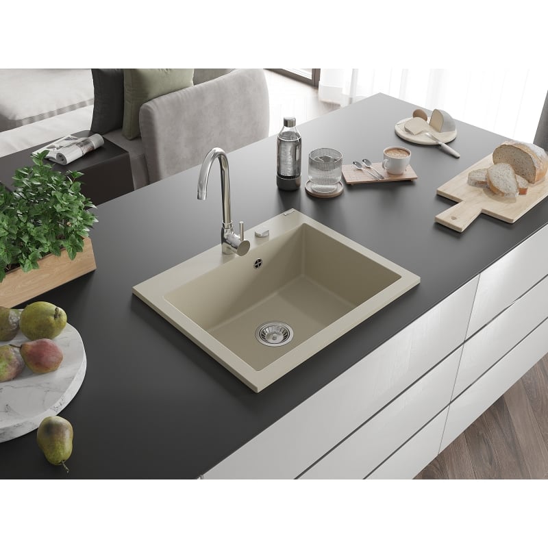 Mexen Elix Granitspüle 1-Becken 600 x 500 mm, beige, Siphon Chrom - 6525601005-69