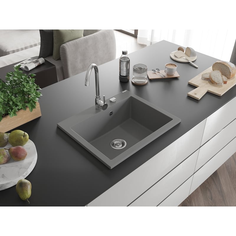 Mexen Elix Granitspüle 1-Becken 600 x 500 mm, grau, Chrom Siphon - 6525601005-71