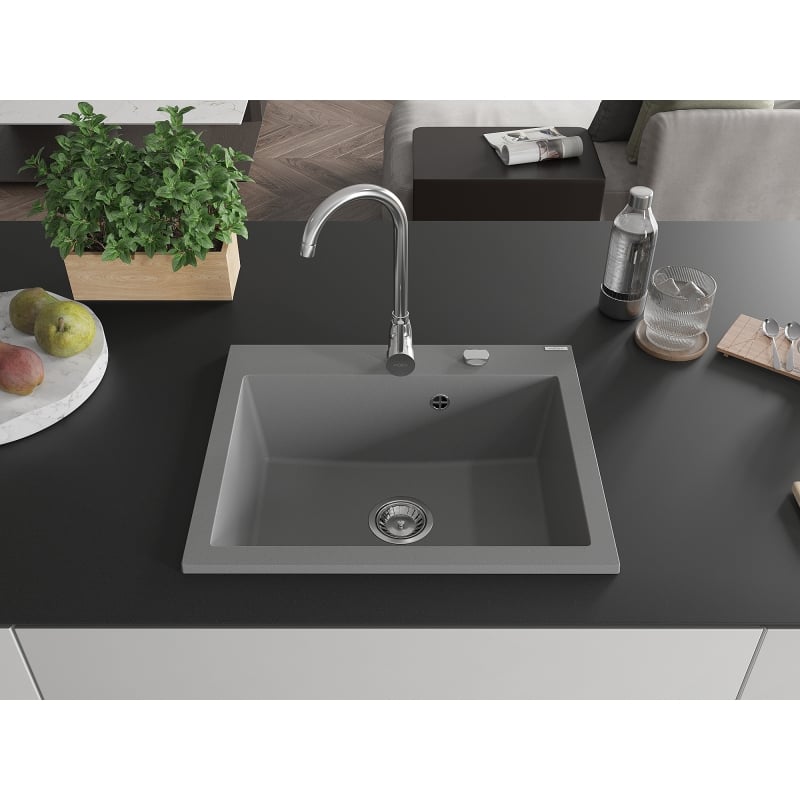 Mexen Elix Granitspüle 1-Becken 600 x 500 mm, grau, Chrom Siphon - 6525601005-71
