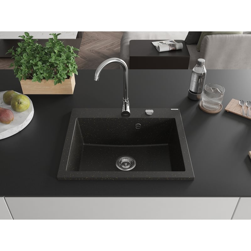 Mexen Elix Granitspüle 1-Becken 600 x 500 mm, Schwarz/Gold Metallic, Chrom Siphon - 6525601005-75
