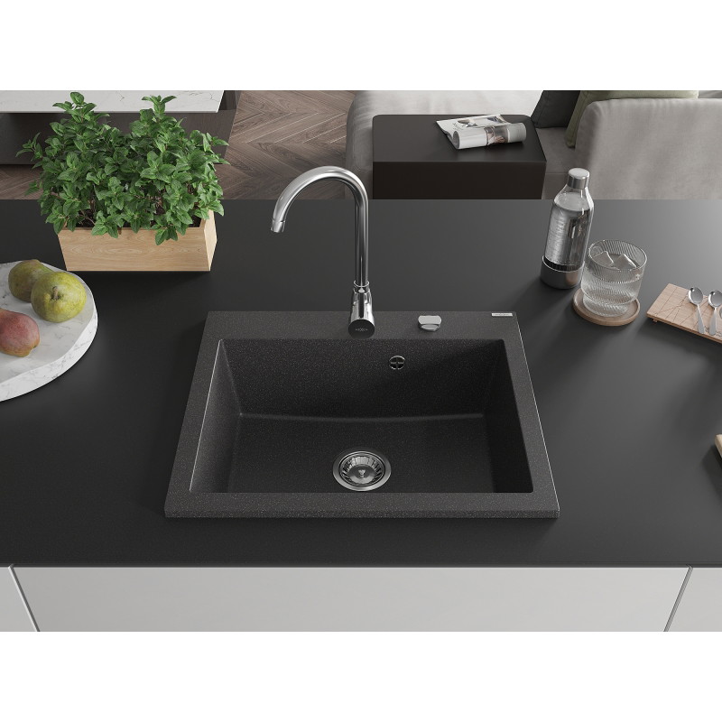 Mexen Elix Granitspüle 1-Becken 600 x 500 mm, schwarz gesprenkelt, Syphon Chrom - 6525601005-76