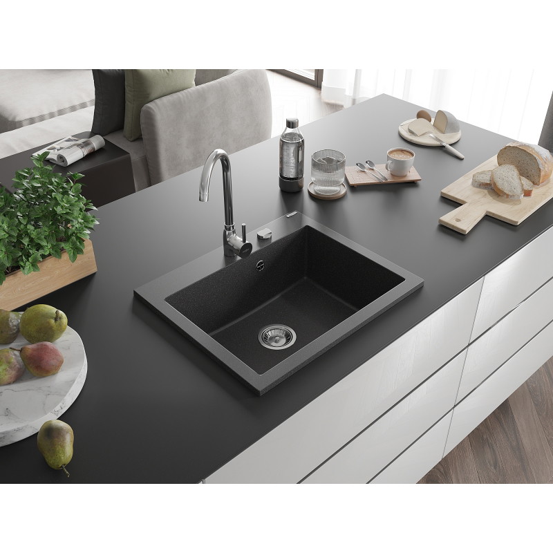 Mexen Elix Granitspüle 1-Becken 600 x 500 mm, schwarz gesprenkelt, Syphon Chrom - 6525601005-76
