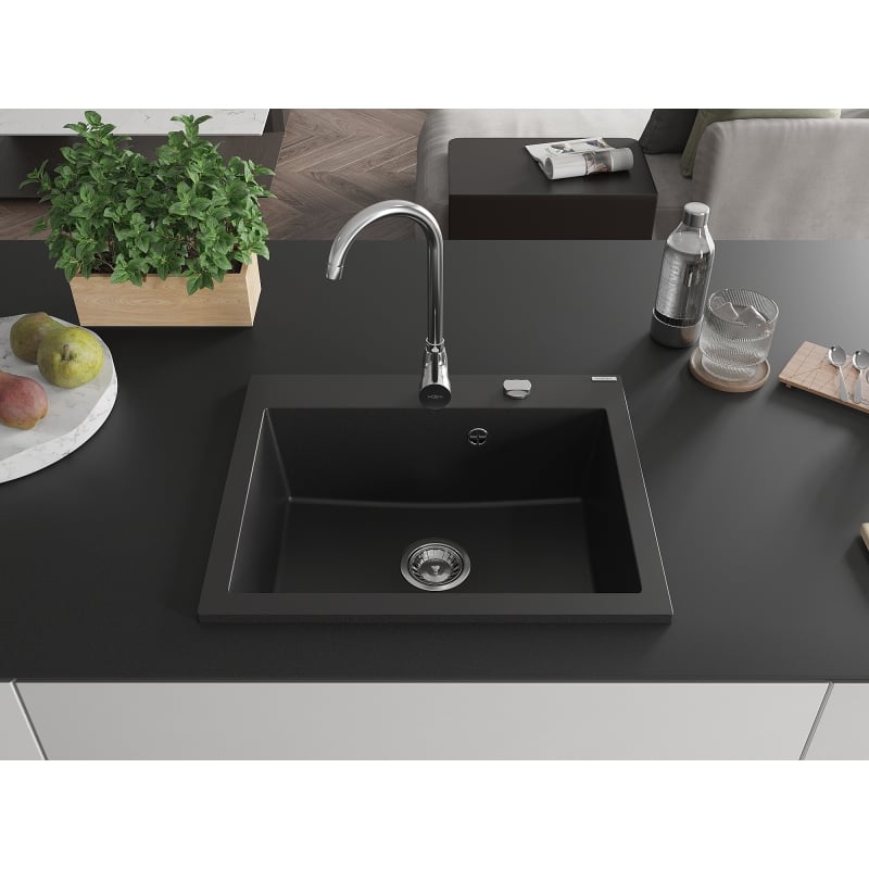 Mexen Elix Granitspüle, 1-Becken, 600 x 500 mm, schwarz, Siphon Chrom - 6525601005-77