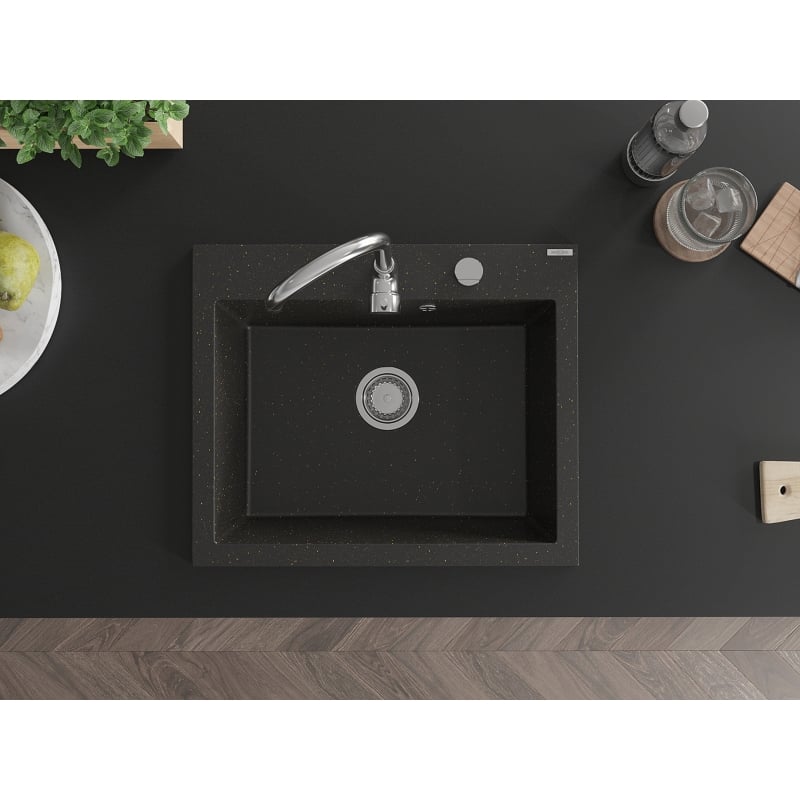 Mexen Elix Granitspüle 1-Becken 600 x 500 mm, Schwarz/Gold Metallic, Chrom Siphon - 6525601005-75