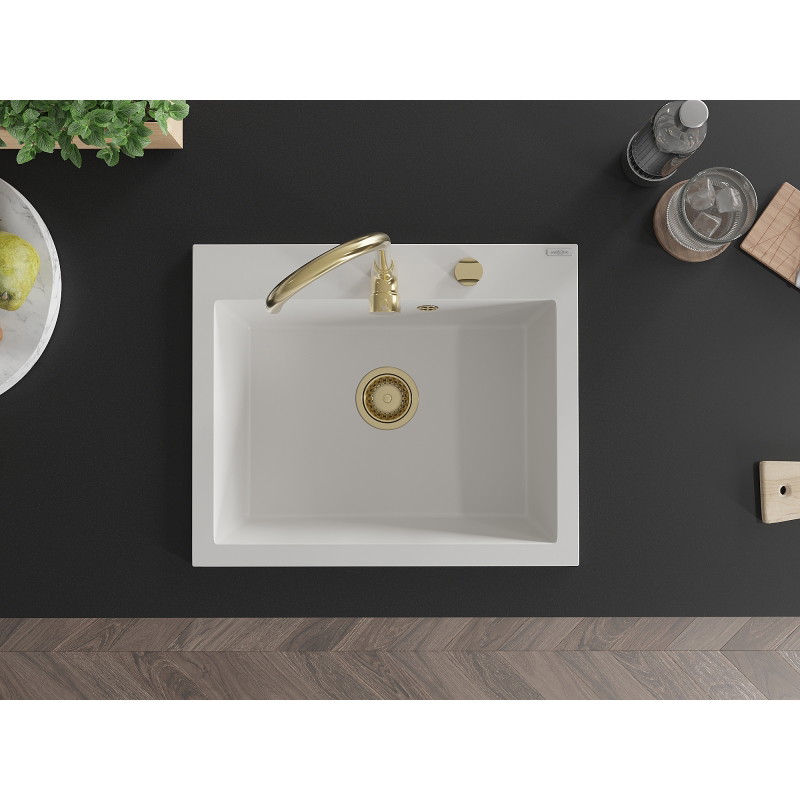 Mexen Elix Granitspüle 1-becken 600 x 500 mm, weiß, goldener Siphon - 6525601005-20-G