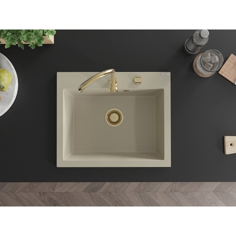 Mexen Elix Granitspüle 1-Becken 600 x 500 mm, beige, goldener Siphon - 6525601005-69-G
