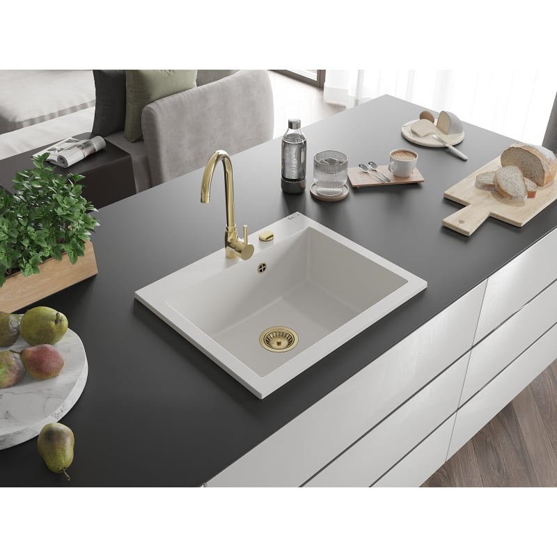 Mexen Elix Granitspüle 1-becken 600 x 500 mm, weiß, goldener Siphon - 6525601005-20-G