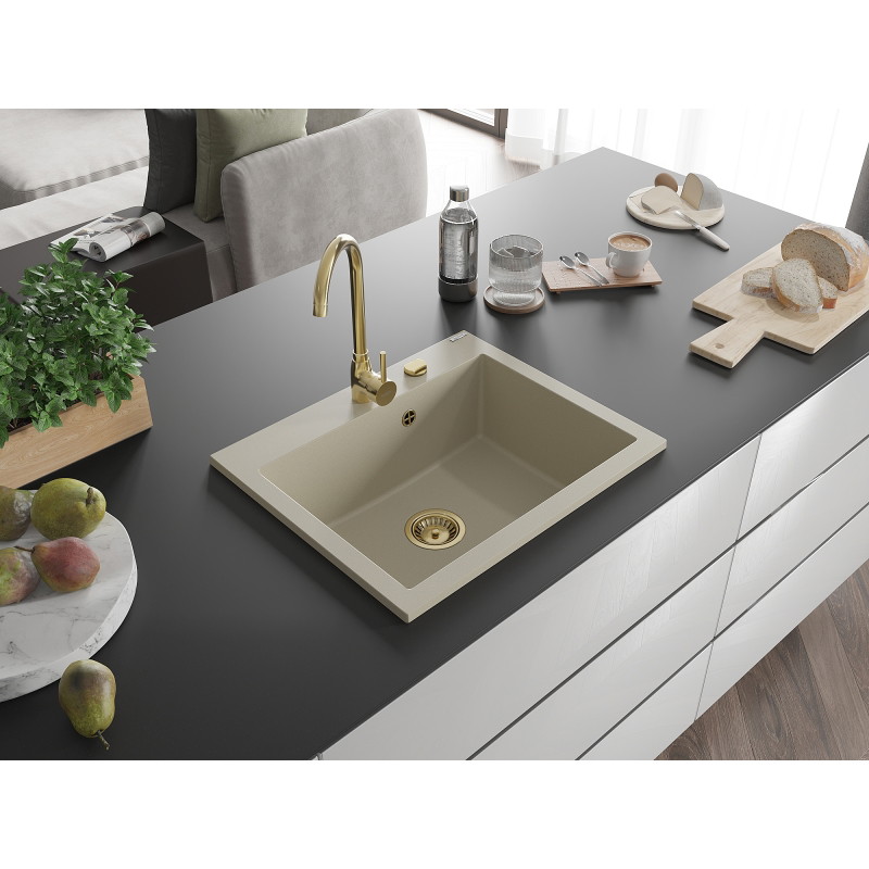 Mexen Elix Granitspüle 1-Becken 600 x 500 mm, beige, goldener Siphon - 6525601005-69-G