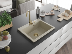 Mexen Elix Granitspüle 1-Becken 600 x 500 mm, beige, goldener Siphon - 6525601005-69-G