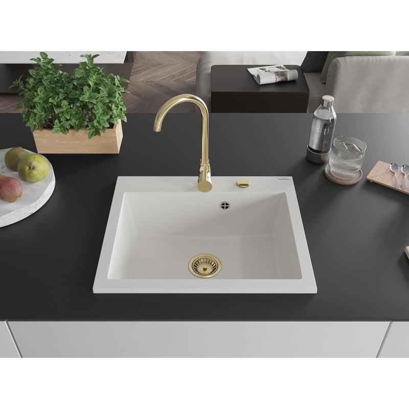 Mexen Elix Granitspüle 1-becken 600 x 500 mm, weiß, goldener Siphon - 6525601005-20-G