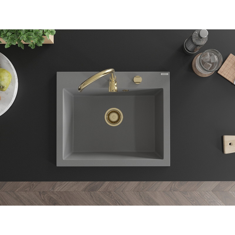 Mexen Elix Granitspüle 1-Becken 600 x 500 mm, grau, goldener Siphon - 6525601005-71-G
