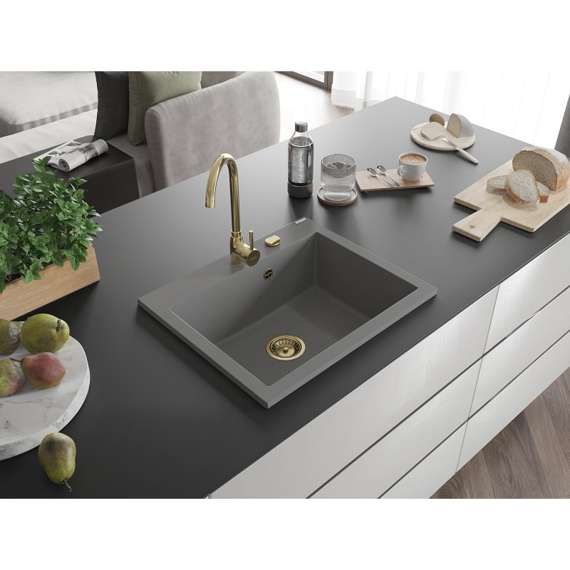 Mexen Elix Granitspüle 1-Becken 600 x 500 mm, grau, goldener Siphon - 6525601005-71-G