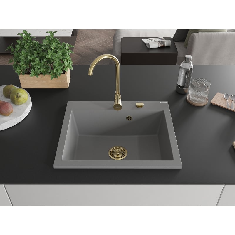 Mexen Elix Granitspüle 1-Becken 600 x 500 mm, grau, goldener Siphon - 6525601005-71-G