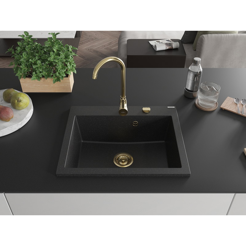 Mexen Elix Granitspüle 1-becken 600 x 500 mm, schwarz/silber metallic, Goldener Siphon - 6525601005-73-G