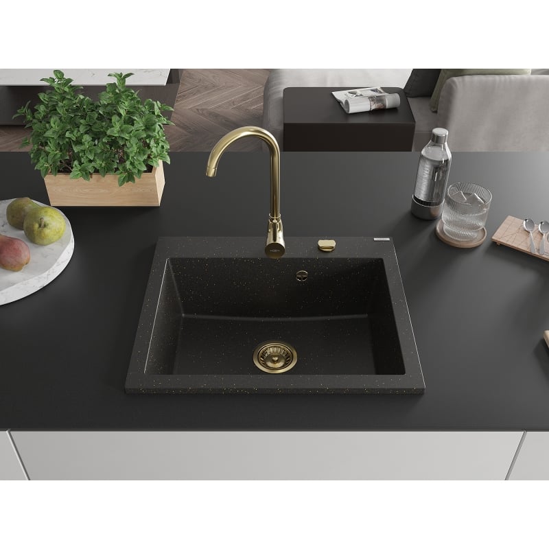 Mexen Elix Granitspüle 1-beckig 600 x 500 mm, schwarz/goldenes Metallic, goldener Siphon - 6525601005-75-G