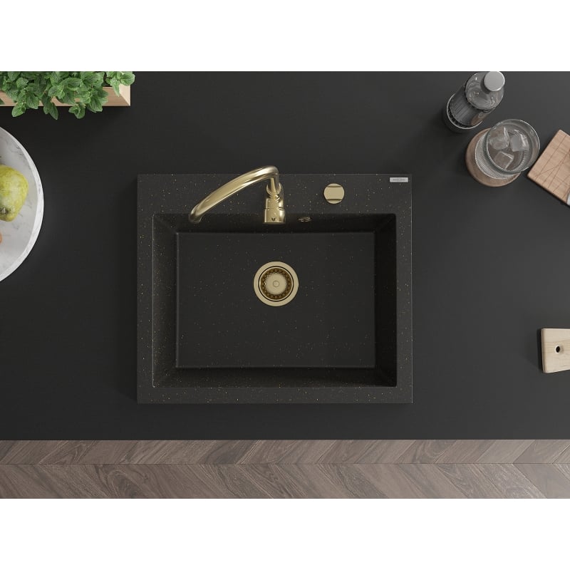 Mexen Elix Granitspüle 1-beckig 600 x 500 mm, schwarz/goldenes Metallic, goldener Siphon - 6525601005-75-G