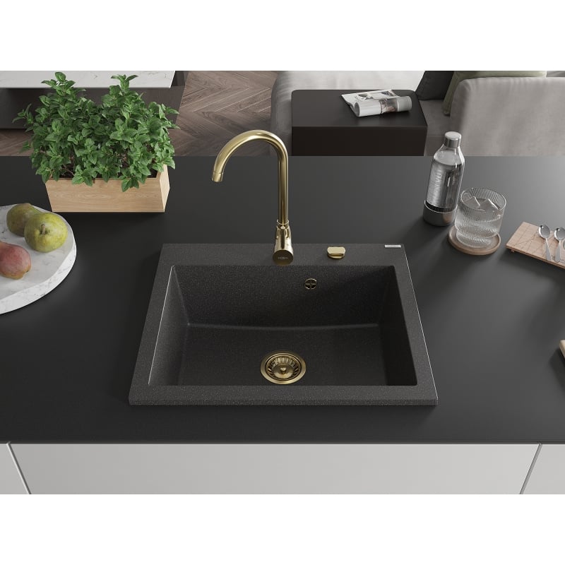 Mexen Elix Granitspüle 1-Becken 600 x 500 mm, schwarz gesprenkelt, goldener Siphon - 6525601005-76-G