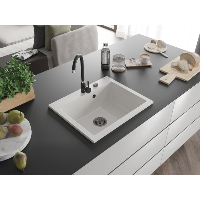 Mexen Elix Granitspüle 1-Becken 600 x 500 mm, weiß, schwarzer Siphon - 6525601005-20-B