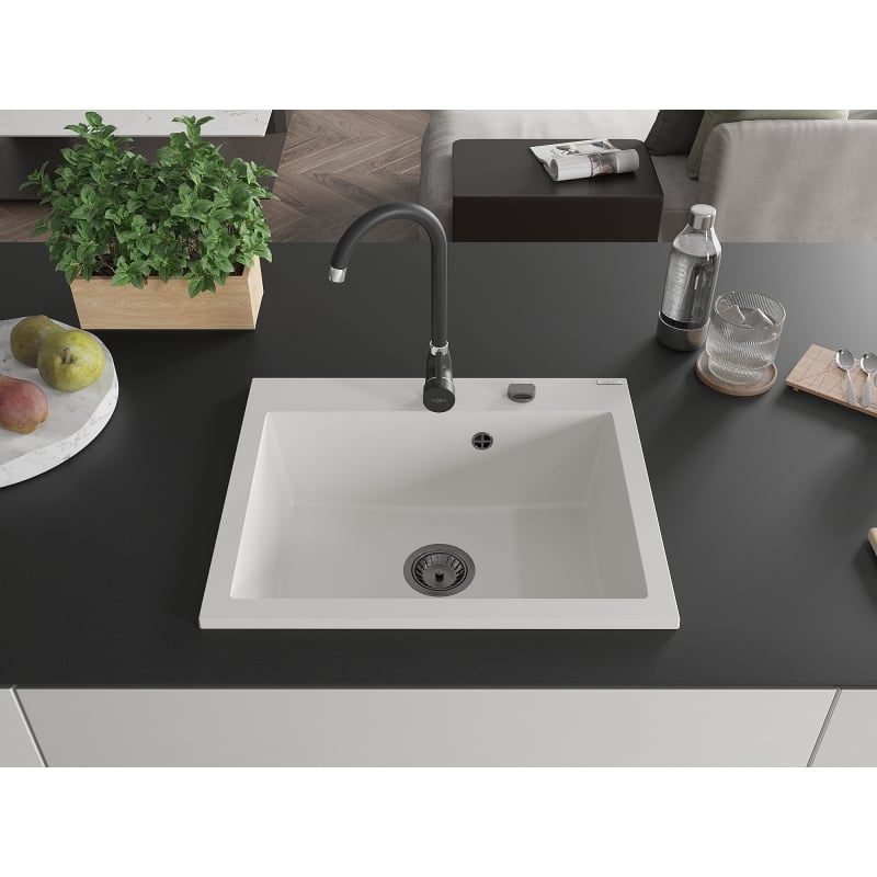 Mexen Elix Granitspüle 1-Becken 600 x 500 mm, weiß, schwarzer Siphon - 6525601005-20-B