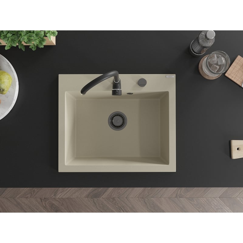 Mexen Elix Granitspüle 1-Becken 600 x 500 mm, beige, schwarzer Siphon- 6525601005-69-B