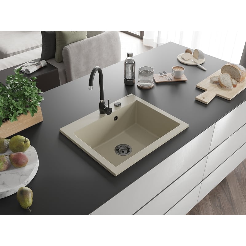 Mexen Elix Granitspüle 1-Becken 600 x 500 mm, beige, schwarzer Siphon- 6525601005-69-B
