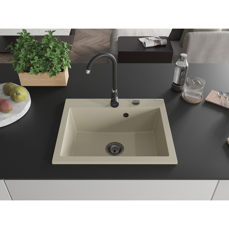 Mexen Elix Granitspüle 1-Becken 600 x 500 mm, beige, schwarzer Siphon- 6525601005-69-B