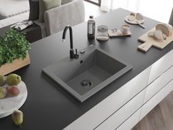 Mexen Elix Granitspüle 1-Becken 600 x 500 mm, grau, schwarzer Siphon - 6525601005-71-B