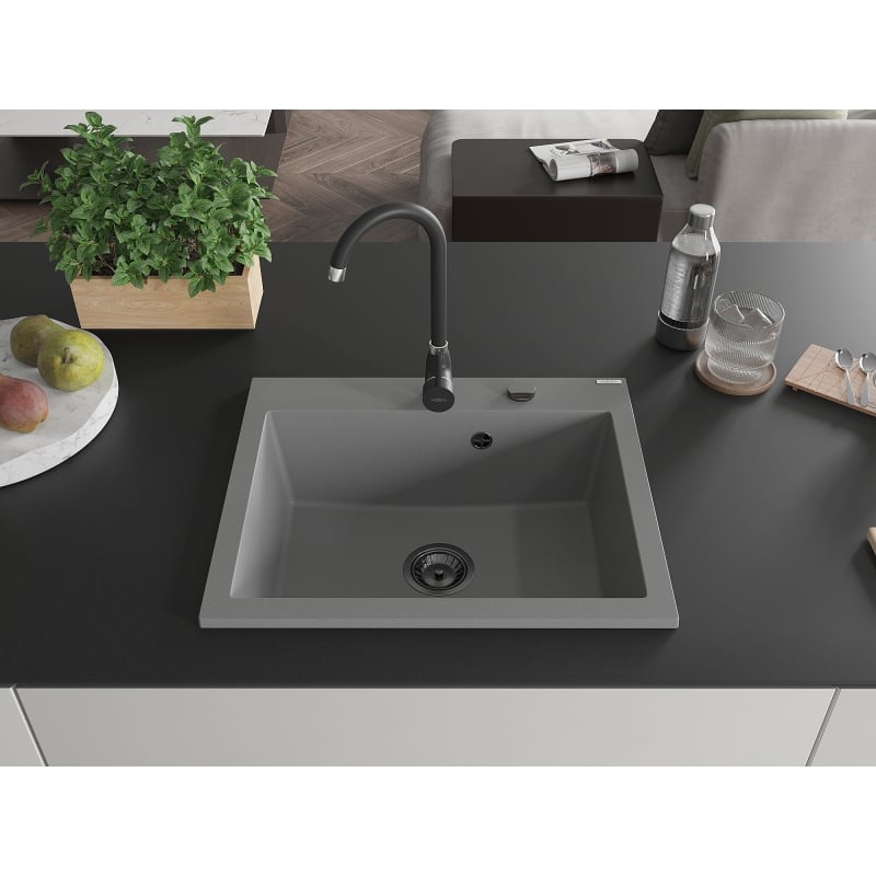 Mexen Elix Granitspüle 1-Becken 600 x 500 mm, grau, schwarzer Siphon - 6525601005-71-B