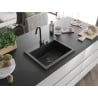 Mexen Elix Granitspüle 1-becken 600 x 500 mm, Schwarz/Silber Metallic, schwarzer Siphon - 6525601005-73-B