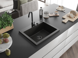 Mexen Elix Granitspüle 1-Becken 600 x 500 mm, Schwarz/Gold Metallic, Schwarzer Siphon - 6525601005-75-B