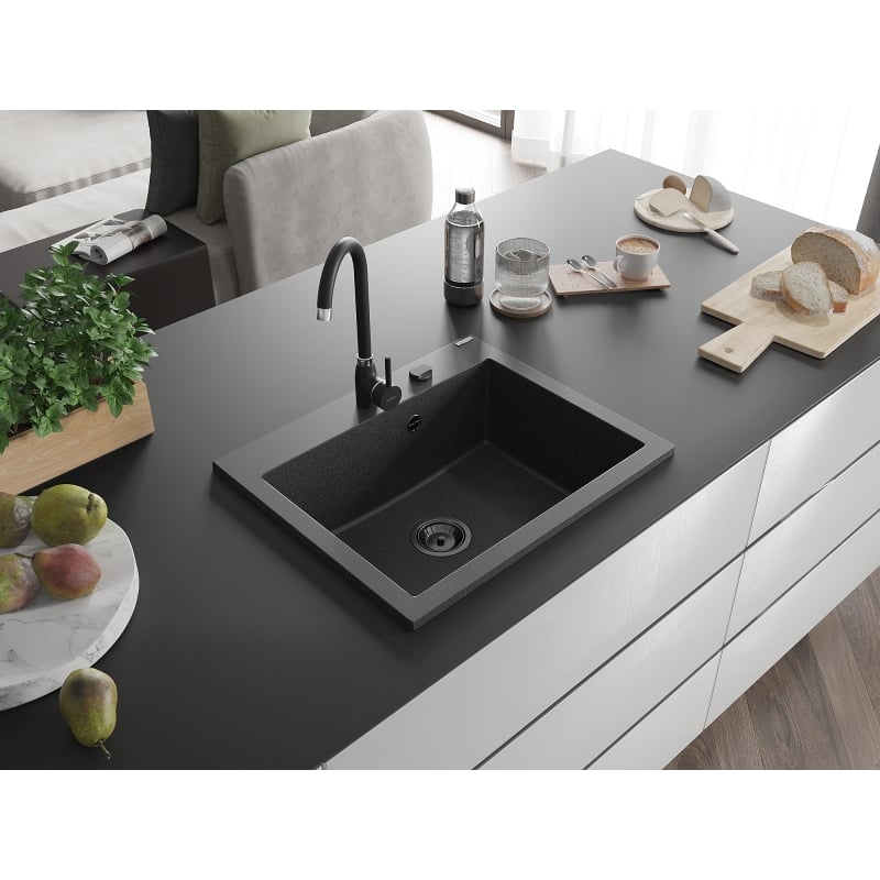 Mexen Elix Granitspüle 1-becken 600 x 500 mm, schwarz gesprenkelt, schwarze Siphon - 6525601005-76-B