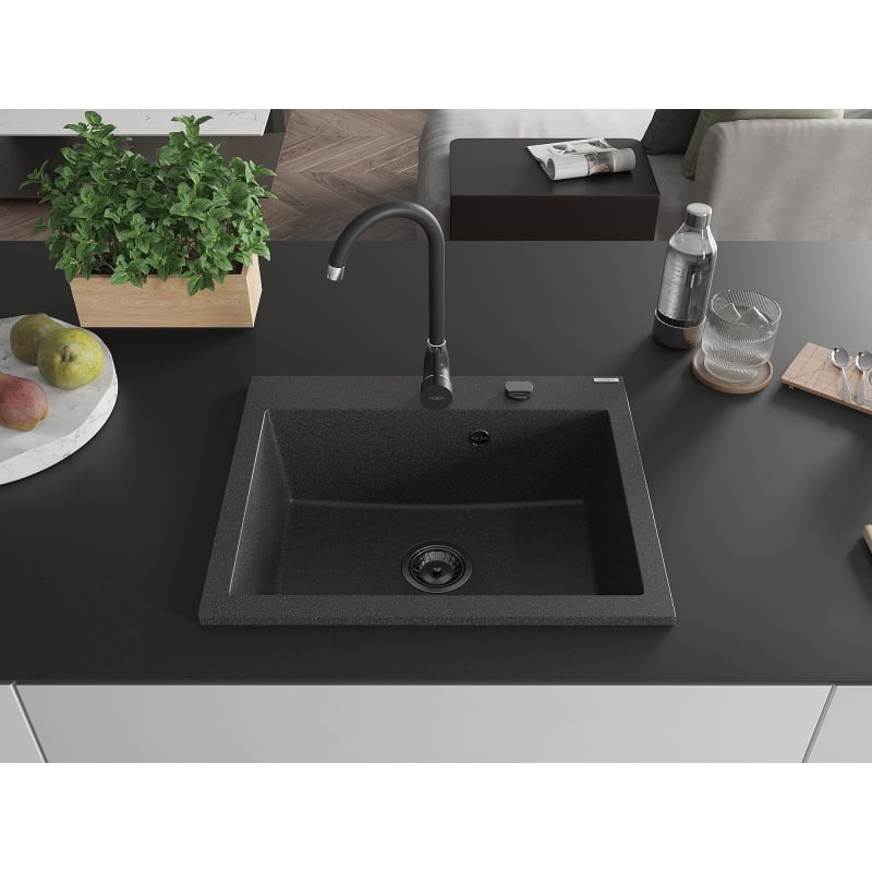 Mexen Elix Granitspüle 1-becken 600 x 500 mm, schwarz gesprenkelt, schwarze Siphon - 6525601005-76-B