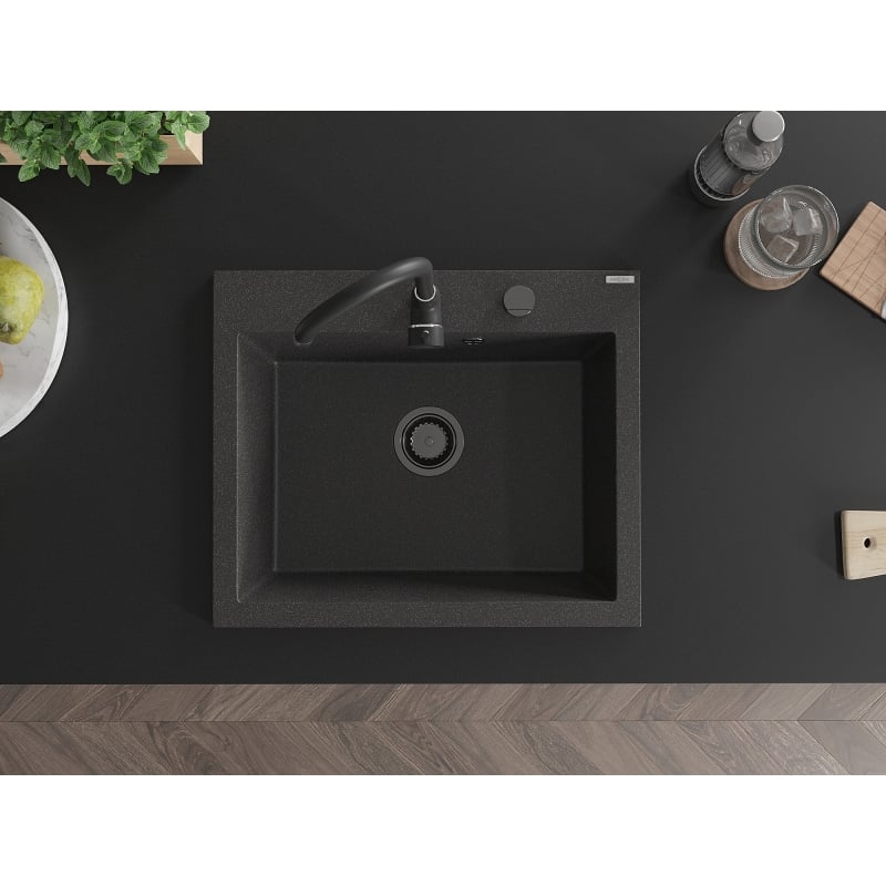 Mexen Elix Granitspüle 1-becken 600 x 500 mm, schwarz gesprenkelt, schwarze Siphon - 6525601005-76-B