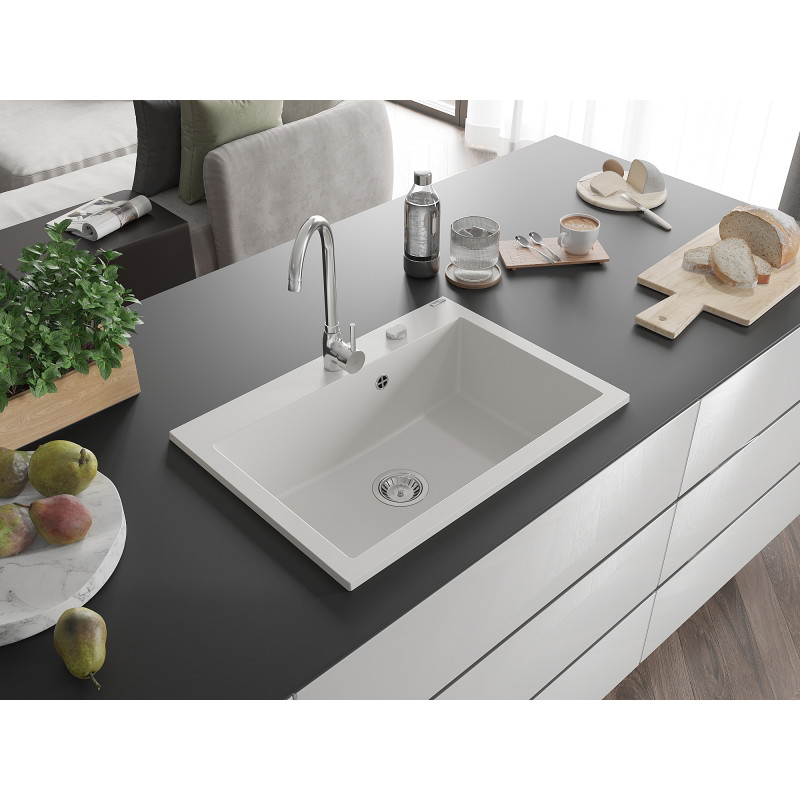 Mexen Elix Granitspüle 1-Becken 700 x 500 mm, weiß, Siphon chrom - 6526701005-20