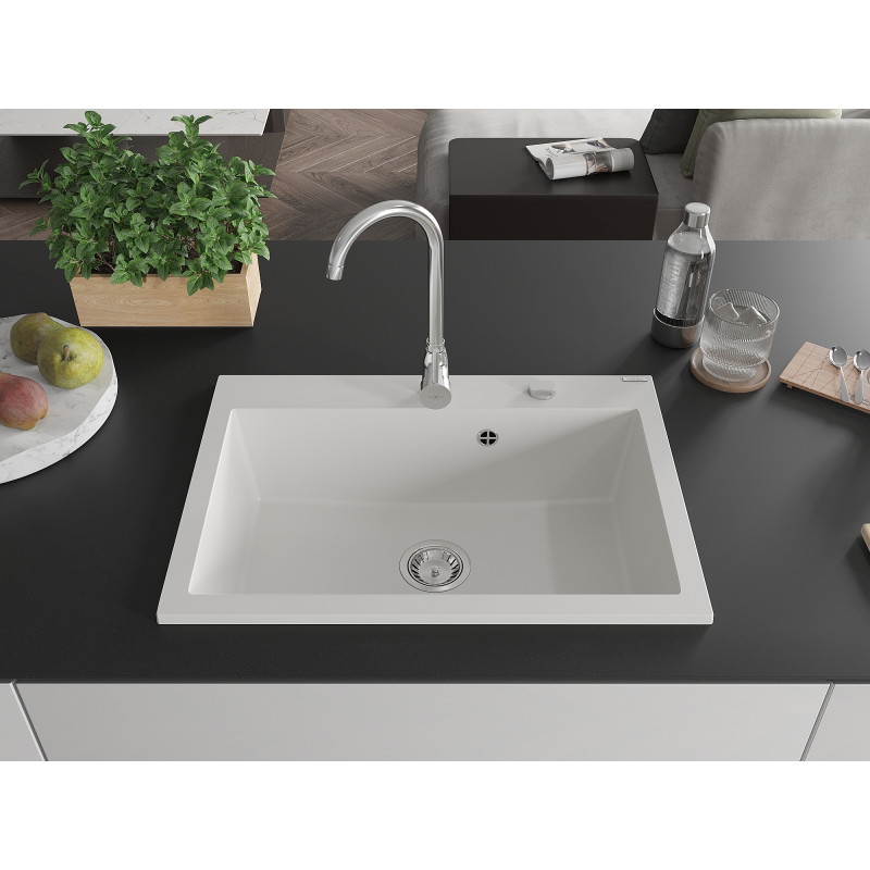Mexen Elix Granitspüle 1-Becken 700 x 500 mm, weiß, Siphon chrom - 6526701005-20