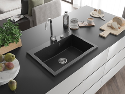Mexen Elix Granitspüle 1-beckig 700 x 500 mm, Schwarz/Silber Metallic, Siphon Chrom - 6526701005-73