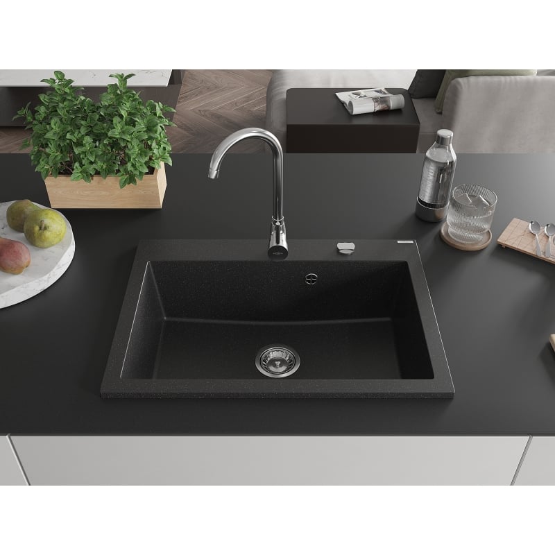 Mexen Elix Granitspüle 1-beckig 700 x 500 mm, Schwarz/Silber Metallic, Siphon Chrom - 6526701005-73