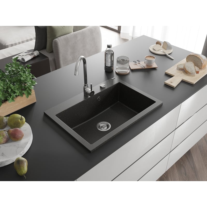 Mexen Elix Granitspüle 1-Becken 700 x 500 mm, schwarz/gold metallic, Siphon chrom - 6526701005-75