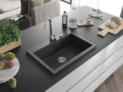 Mexen Elix Granitspüle 1-Becken 700 x 500 mm, schwarz gesprenkelt, Chrom-Siphon - 6526701005-76