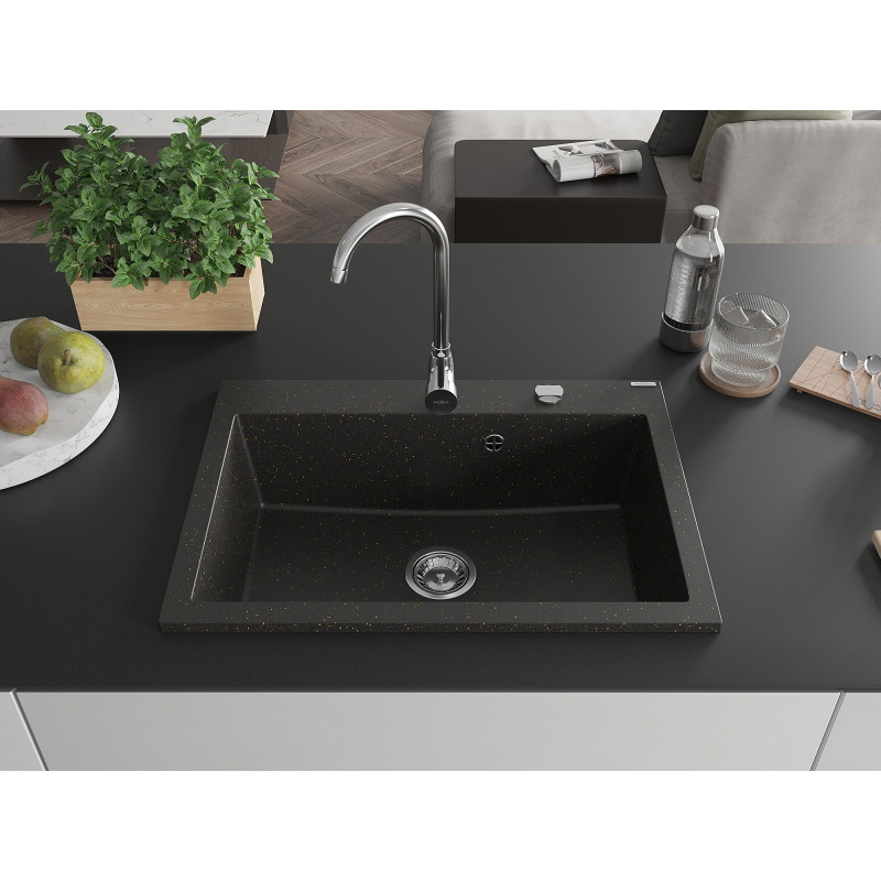 Mexen Elix Granitspüle 1-Becken 700 x 500 mm, schwarz/gold metallic, Siphon chrom - 6526701005-75