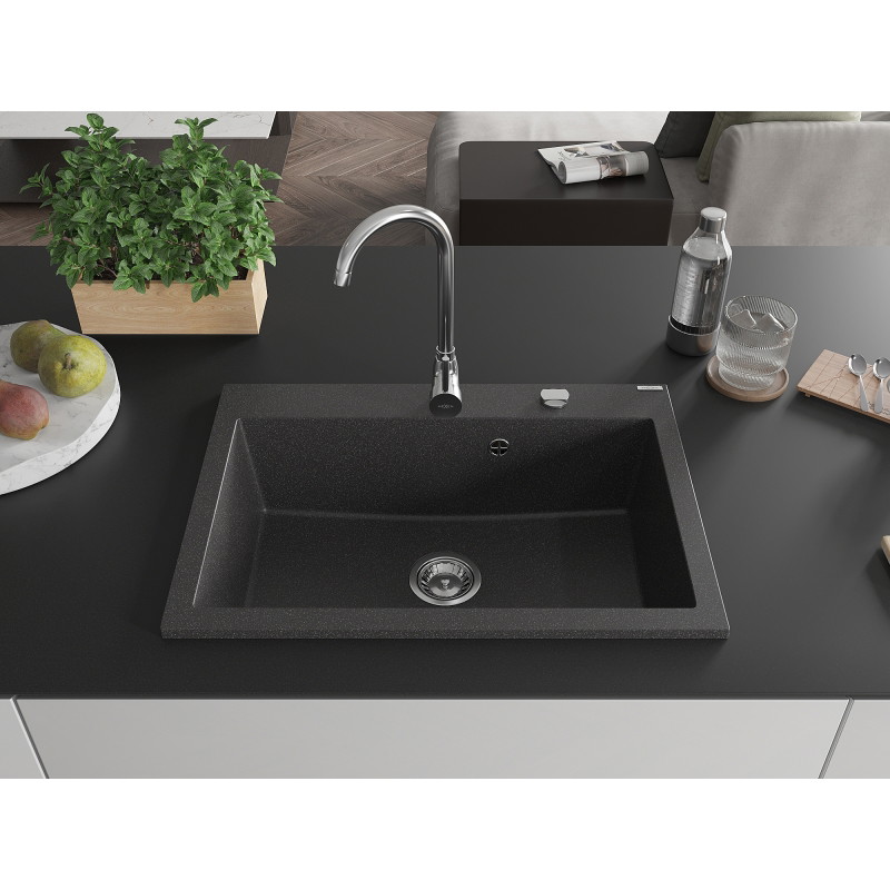Mexen Elix Granitspüle 1-Becken 700 x 500 mm, schwarz gesprenkelt, Chrom-Siphon - 6526701005-76
