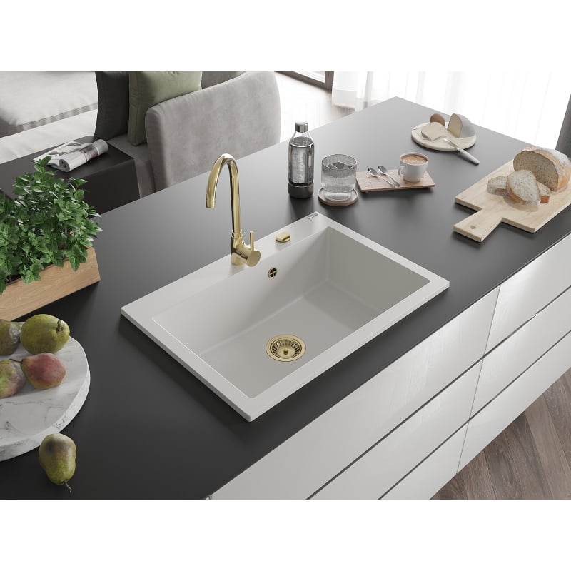 Mexen Elix Granitspüle 1-becken 700 x 500 mm, weiß, goldener Siphon - 6526701005-20-G