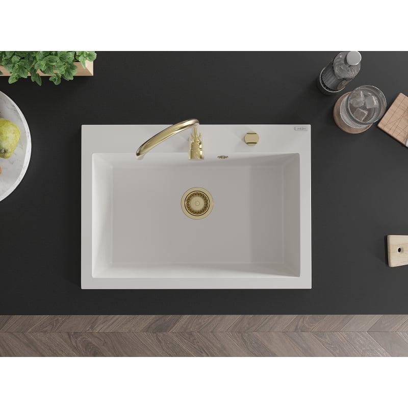 Mexen Elix Granitspüle 1-becken 700 x 500 mm, weiß, goldener Siphon - 6526701005-20-G